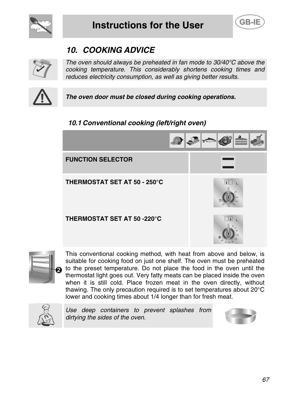 Cooking advice, 1 conventional cooking (left/right oven), Instructions for the user | Smeg A4-5 User Manual | Page 25 / 38