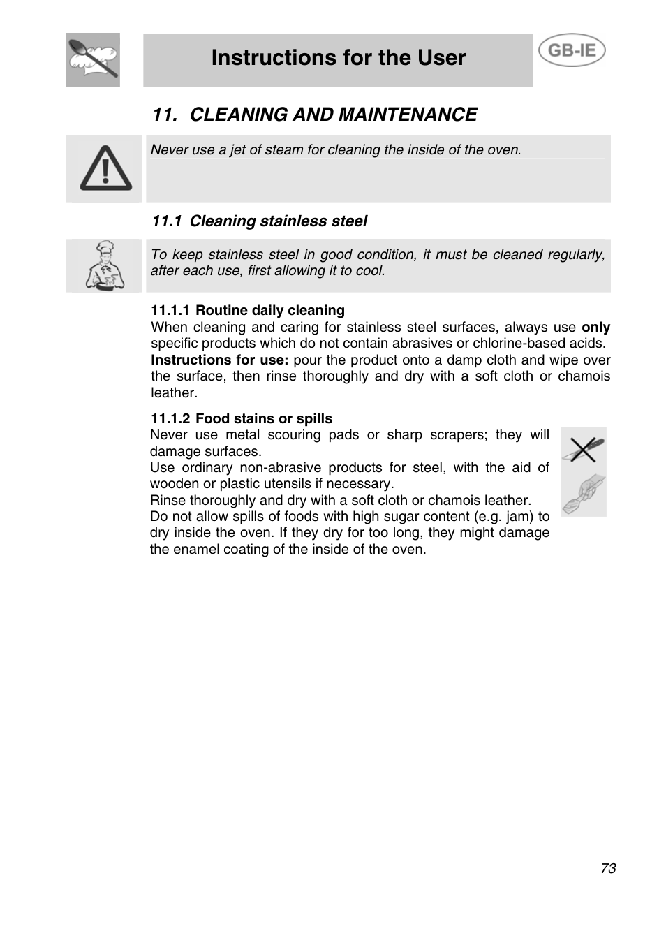 Cleaning and maintenance, 1 cleaning stainless steel, 1 routine daily cleaning | 2 food stains or spills, Instructions for the user | Smeg A4-5 User Manual | Page 31 / 38