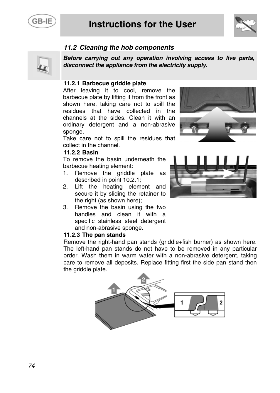 Cleaning the hob components, 1 barbecue griddle plate, Basin | 3 the pan stands, Instructions for the user, 2 cleaning the hob components | Smeg A4-5 User Manual | Page 32 / 38