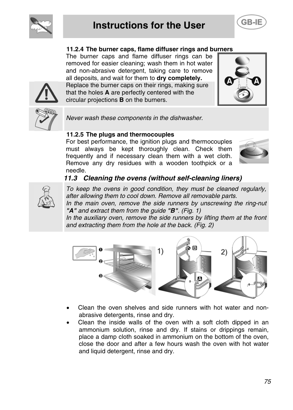 5 the plugs and thermocouples, Instructions for the user, Never wash these components in the dishwasher | Smeg A4-5 User Manual | Page 33 / 38