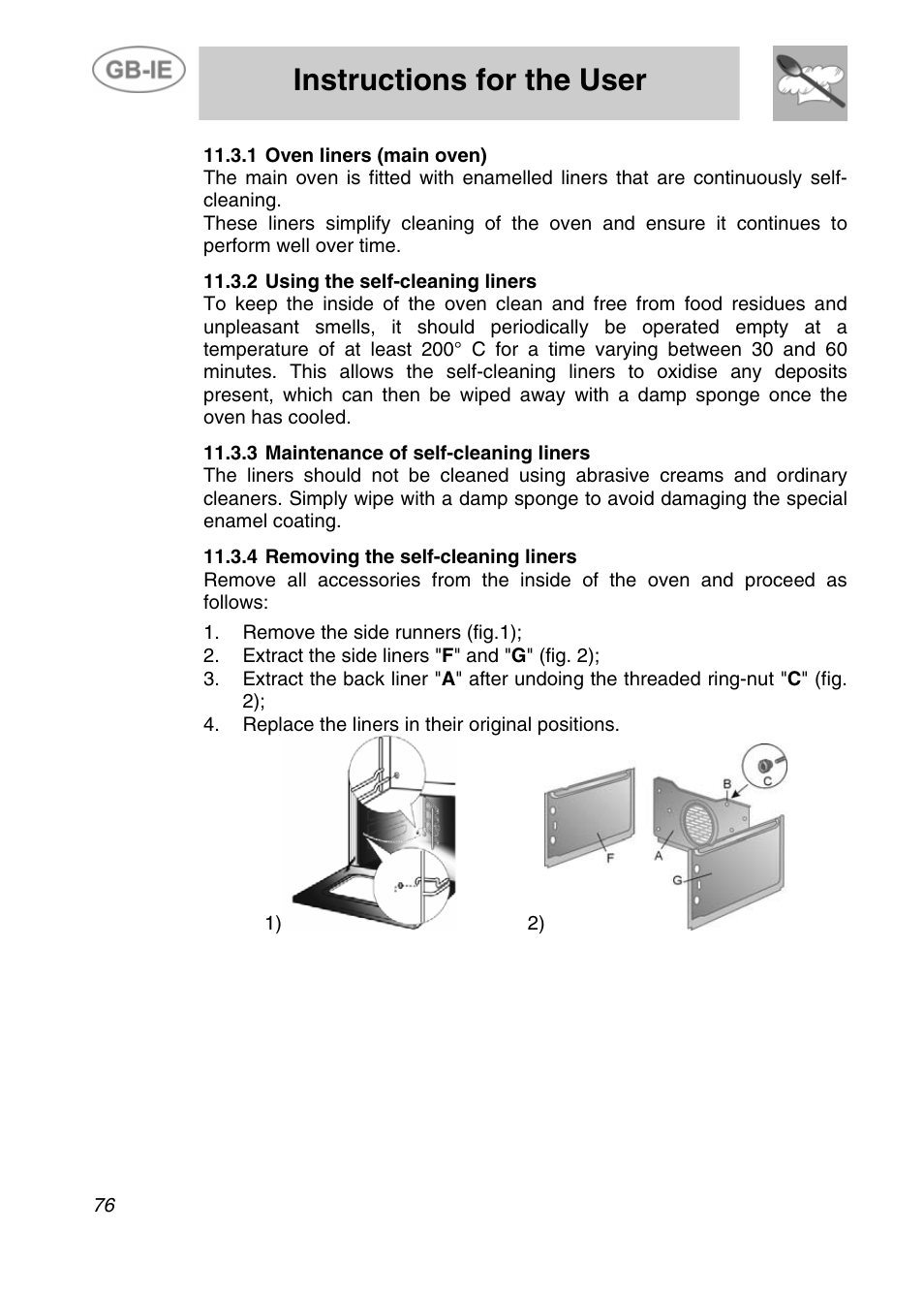 1 oven liners (main oven), 2 using the self-cleaning liners, 3 maintenance of self-cleaning liners | 4 removing the self-cleaning liners, Instructions for the user | Smeg A4-5 User Manual | Page 34 / 38