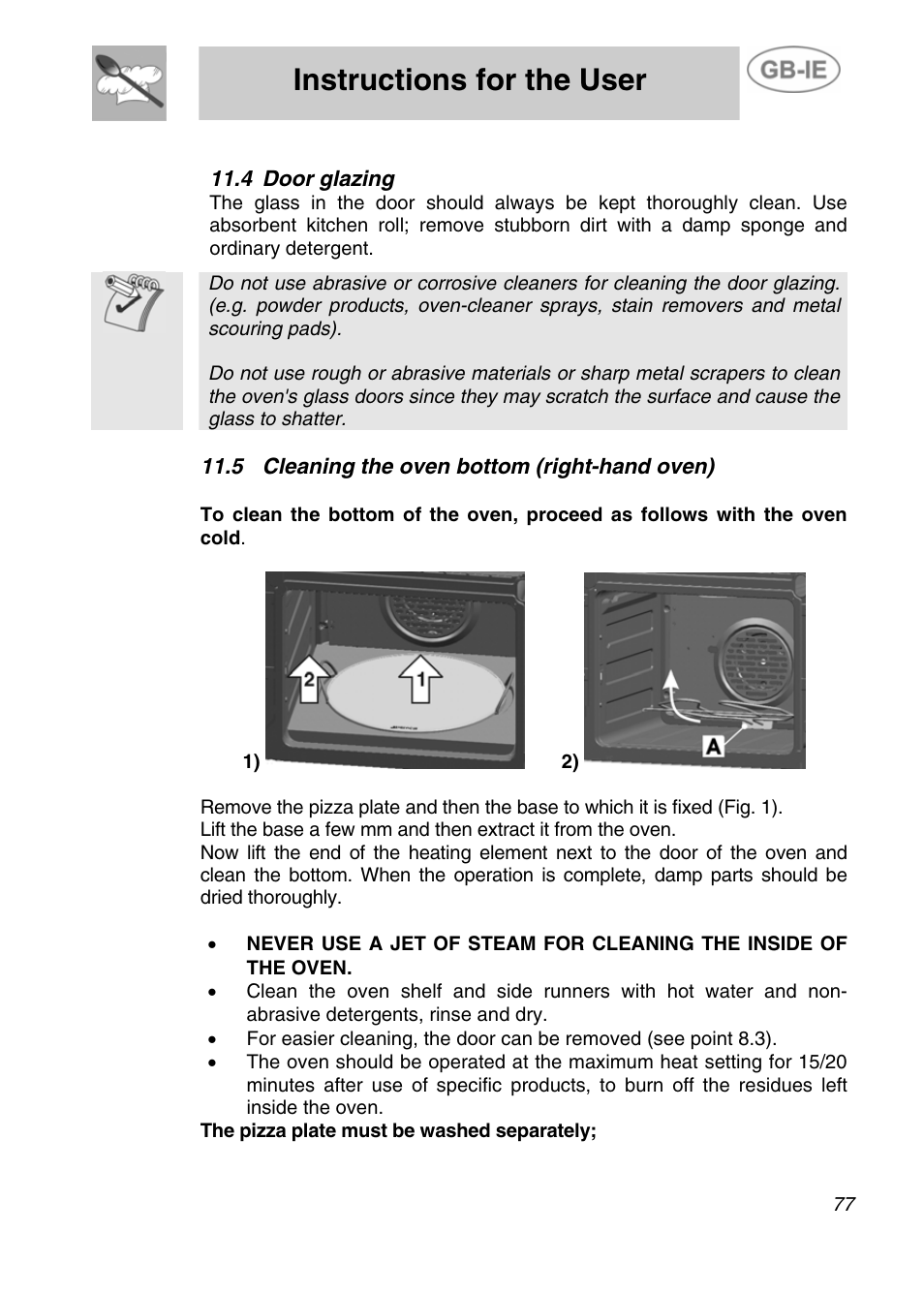 4 door glazing, 5 cleaning the oven bottom (right-hand oven), Instructions for the user | Smeg A4-5 User Manual | Page 35 / 38