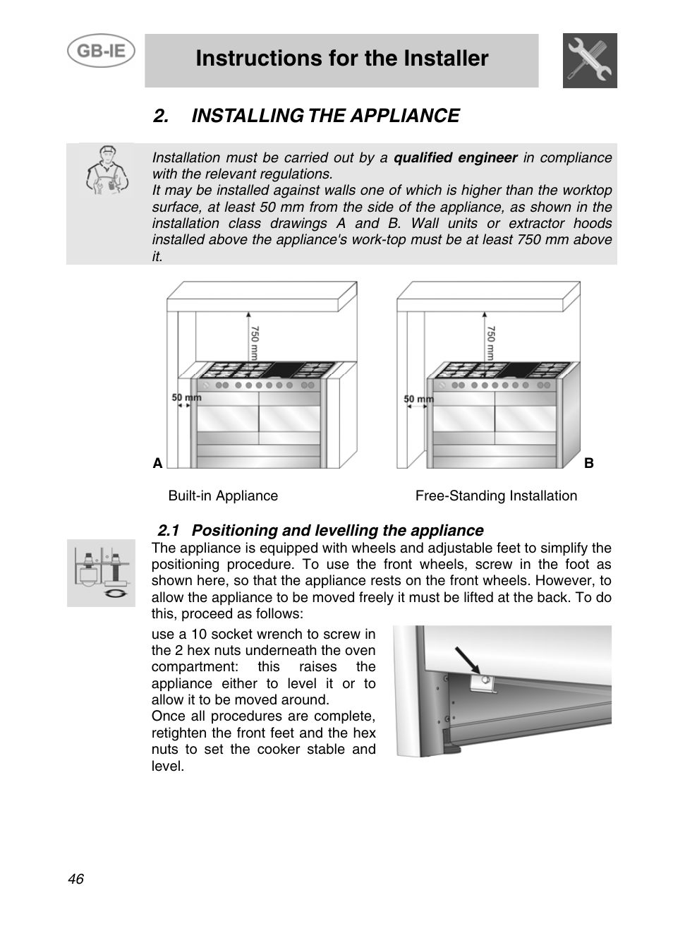 Installing the appliance, 1 positioning and levelling the appliance, Instructions for the installer | Smeg A4-5 User Manual | Page 4 / 38