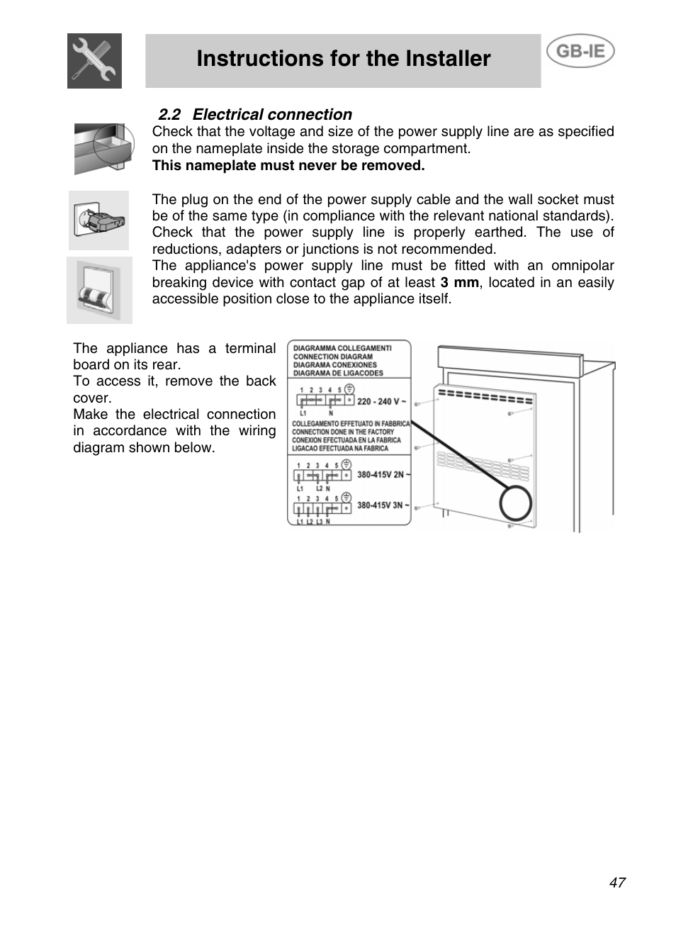 Electrical connection, Instructions for the installer | Smeg A4-5 User Manual | Page 5 / 38