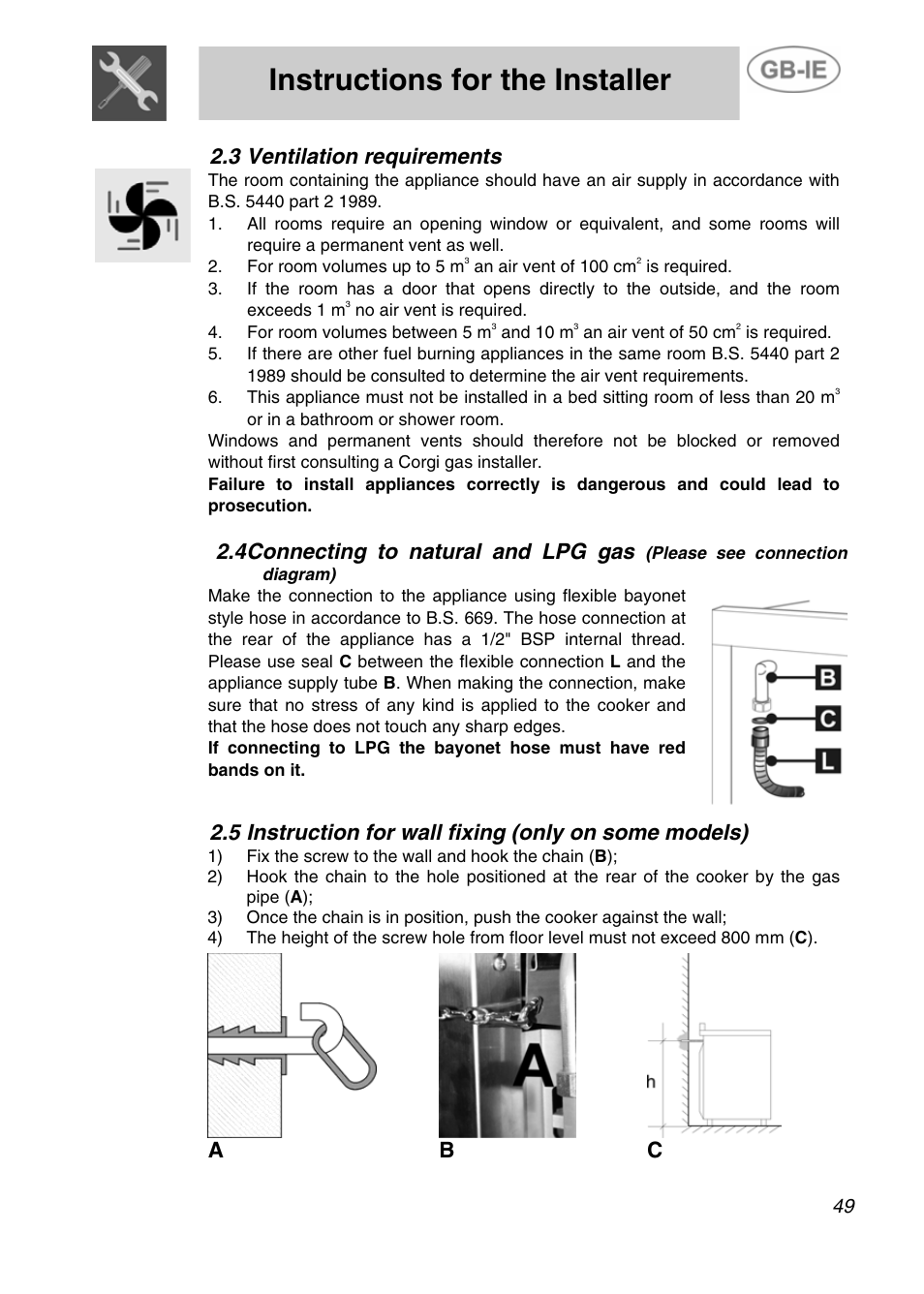 Ventilation requirements, Instructions for the installer, 3 ventilation requirements | Connecting to natural and lpg gas, A b c | Smeg A4-5 User Manual | Page 7 / 38