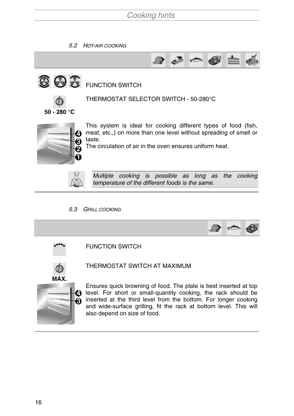 Hot-air cooking, Grill cooking, Air cooking | Rill cooking, Cooking hints | Smeg SA1010X-5 User Manual | Page 14 / 24