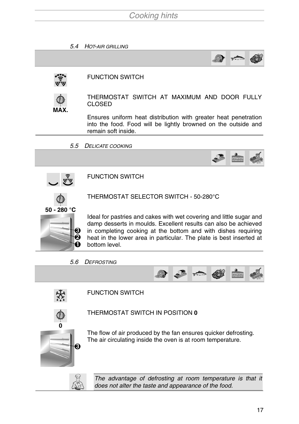 Hot-air grilling, Delicate cooking, Defrosting | Air grilling, Elicate cooking, Efrosting, Cooking hints | Smeg SA1010X-5 User Manual | Page 15 / 24