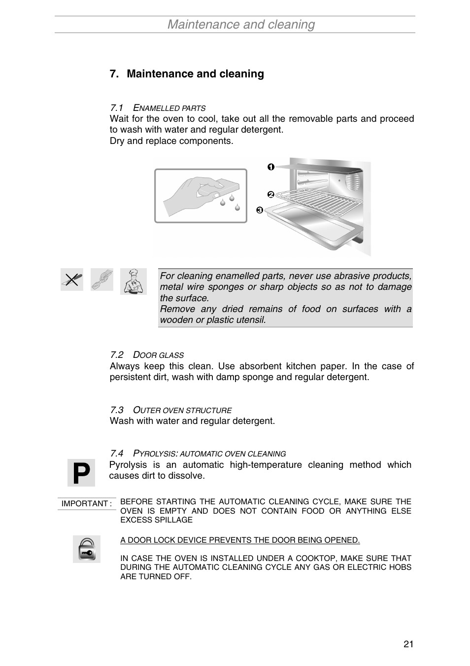 Maintenance and cleaning, Enamelled parts, Door glass | Outer oven structure, Pyrolysis: automatic oven cleaning, Namelled parts, Oor glass, Uter oven structure, Yrolysis, Automatic oven cleaning | Smeg SA1010X-5 User Manual | Page 19 / 24