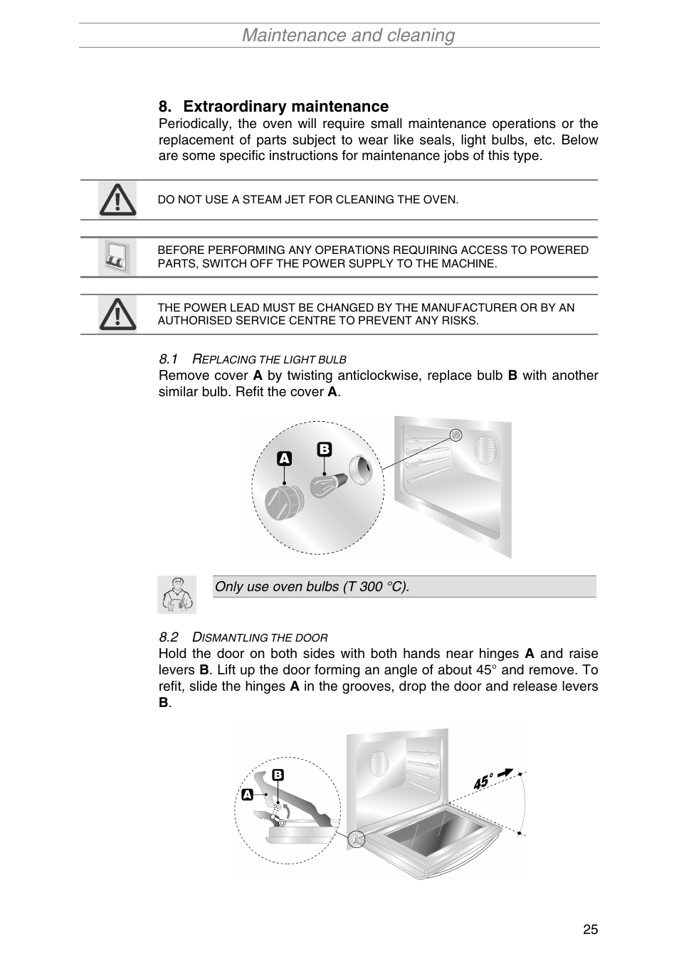 Extraordinary maintenance, Replacing the light bulb, Dismantling the door | Eplacing the light bulb, Ismantling the door, Maintenance and cleaning | Smeg SA1010X-5 User Manual | Page 23 / 24