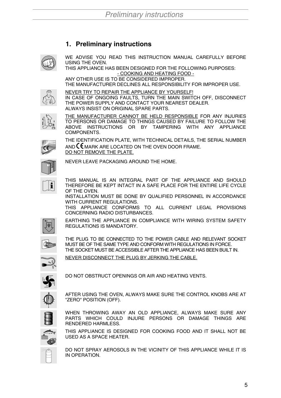 Preliminary instructions | Smeg SA1010X-5 User Manual | Page 3 / 24