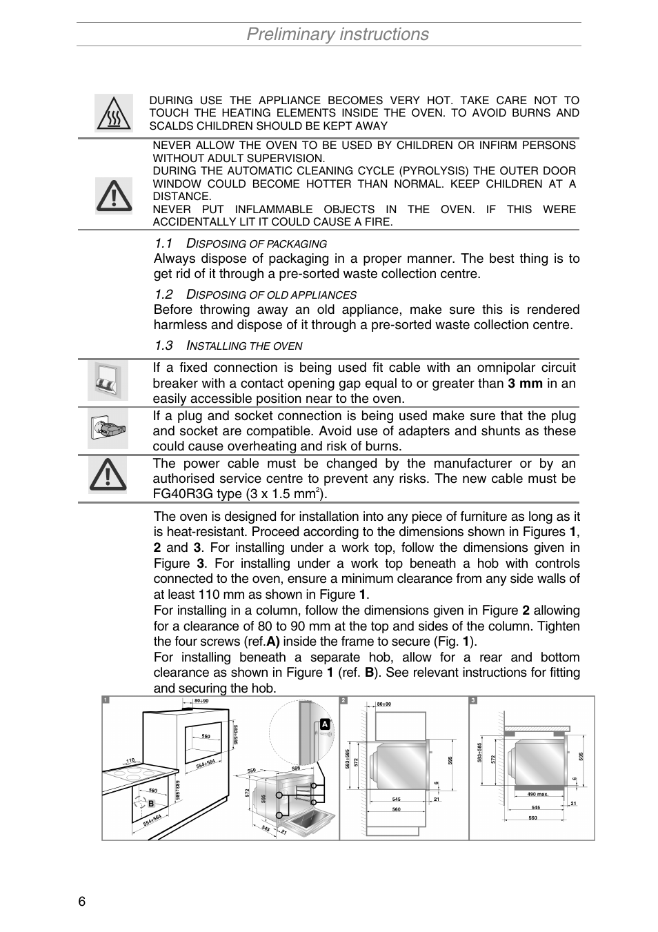 Disposing of packaging, Disposing of old appliances, Installing the oven | Isposing of packaging, Isposing of old appliances, Nstalling the oven, Preliminary instructions | Smeg SA1010X-5 User Manual | Page 4 / 24