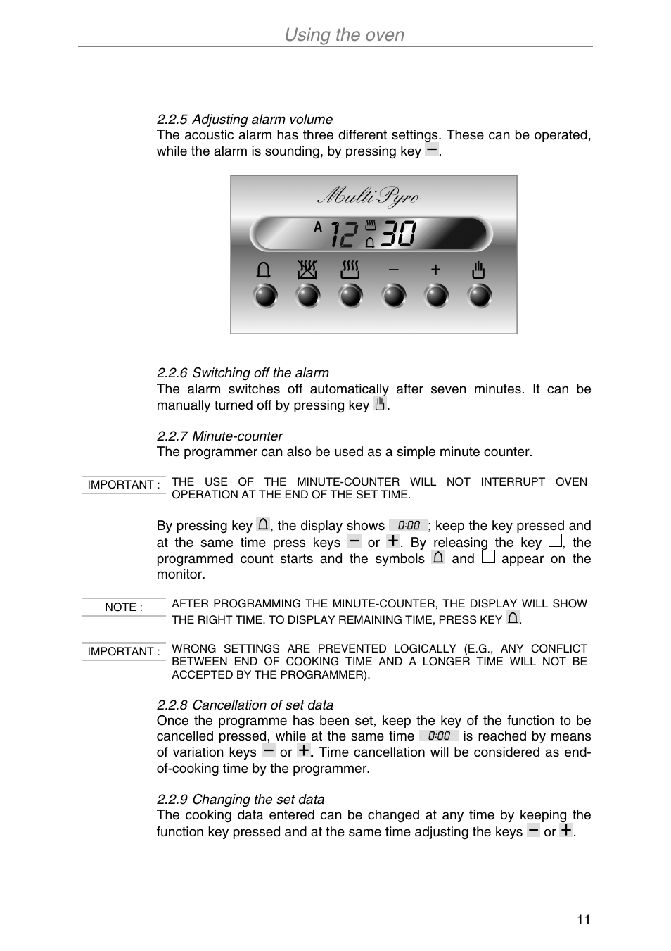 Adjusting alarm volume, Switching off the alarm, Minute-counter | Cancellation of set data, Changing the set data, Using the oven | Smeg SA1010X-5 User Manual | Page 9 / 24