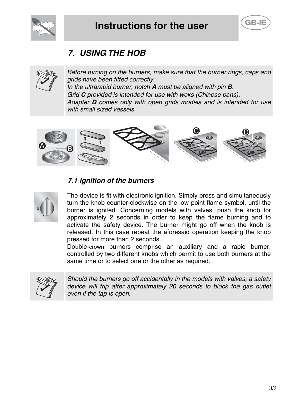 Using the hob, 1 ignition of the burners, Instructions for the user | Smeg SE97CXG User Manual | Page 14 / 17