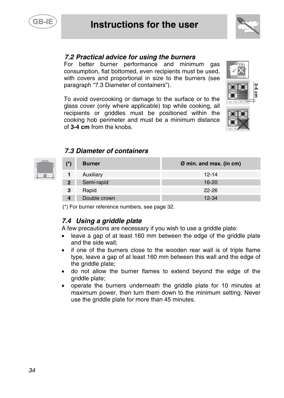 2 practical advice for using the burners, 3 diameter of containers, 4 using a griddle plate | Instructions for the user | Smeg SE97CXG User Manual | Page 15 / 17