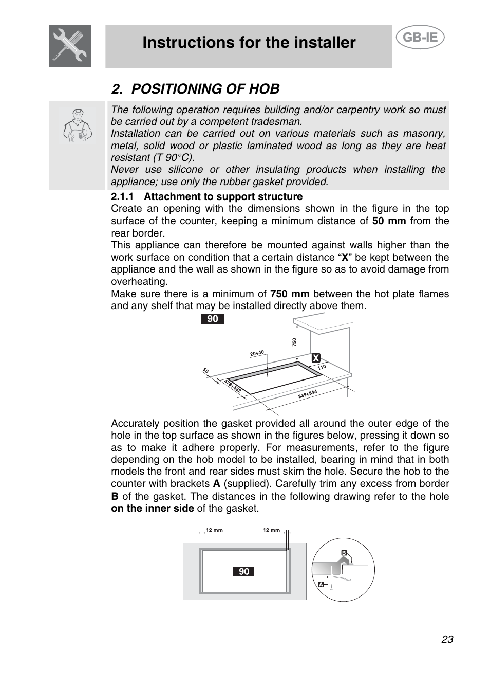 Positioning of hob, 1 attachment to support structure, Instructions for the installer | Smeg SE97CXG User Manual | Page 4 / 17