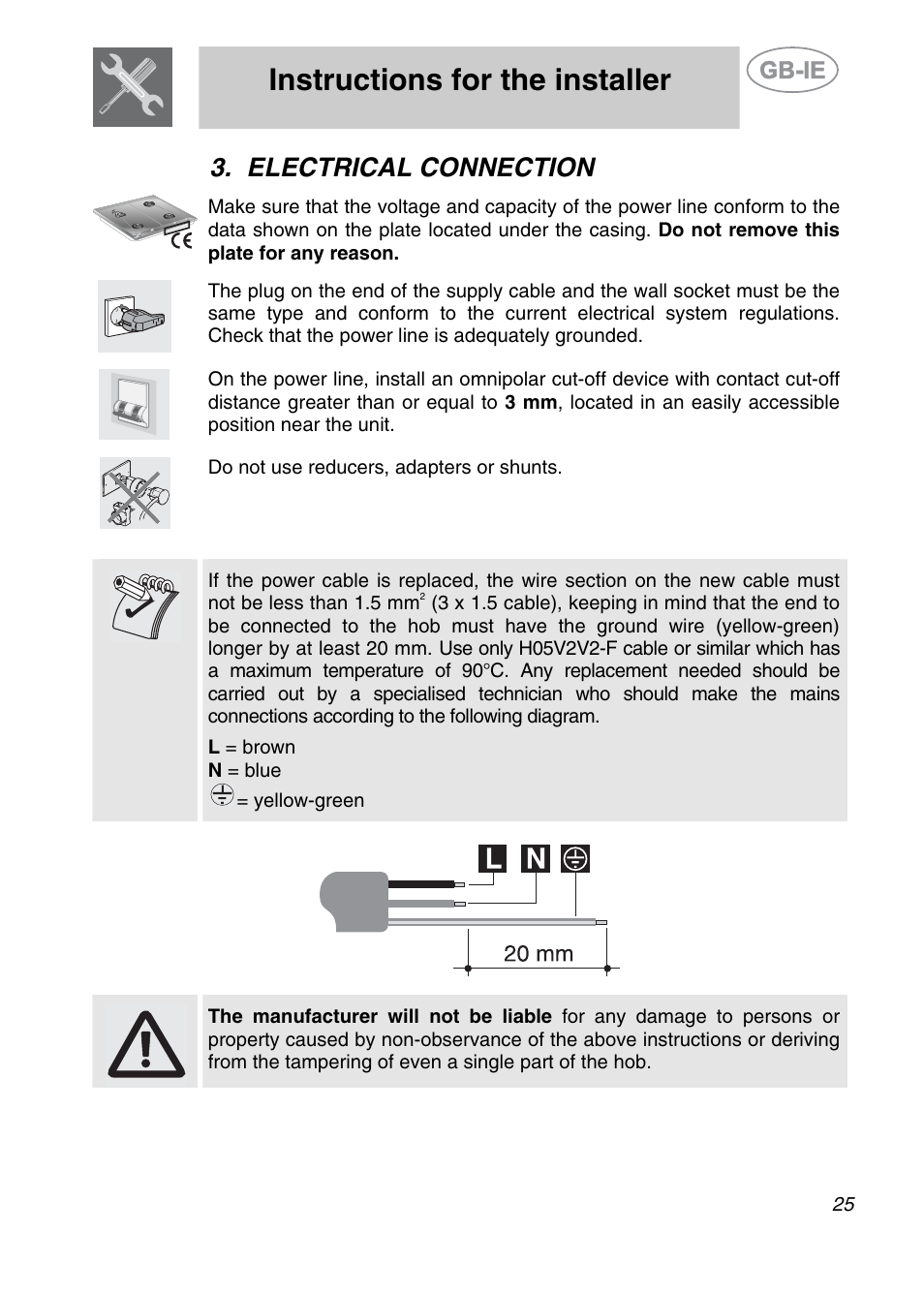 Electrical connection, Instructions for the installer, Do not use reducers, adapters or shunts | L = brown n = blue = yellow-green | Smeg SE97CXG User Manual | Page 6 / 17