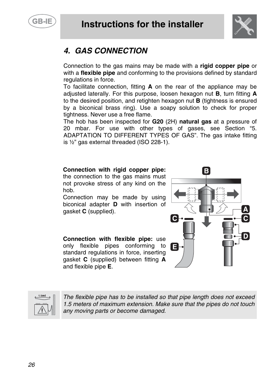 Gas connection, Instructions for the installer | Smeg SE97CXG User Manual | Page 7 / 17