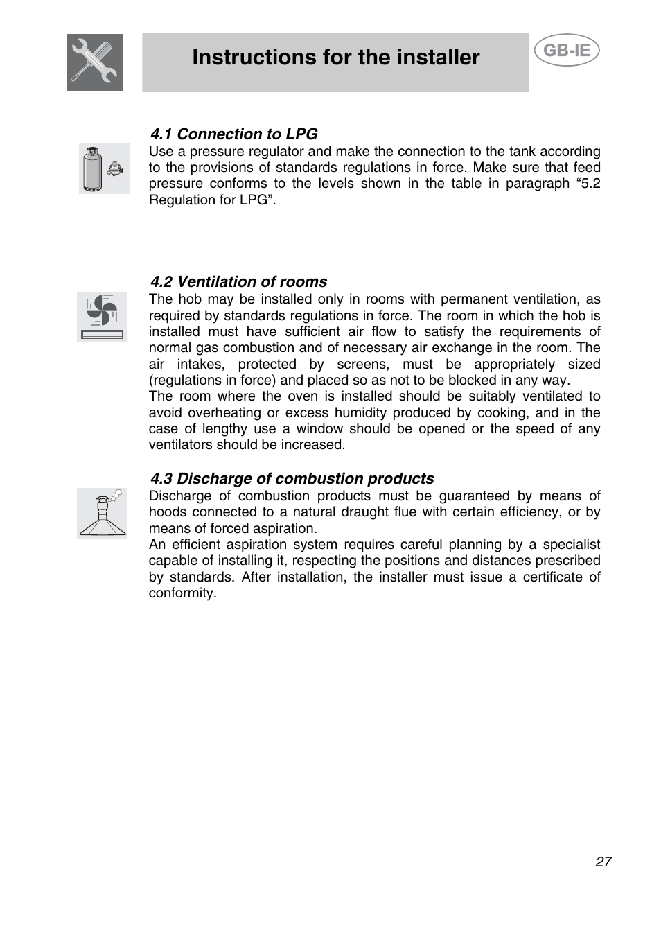 1 connection to lpg, 2 ventilation of rooms, 3 discharge of combustion products | Instructions for the installer | Smeg SE97CXG User Manual | Page 8 / 17