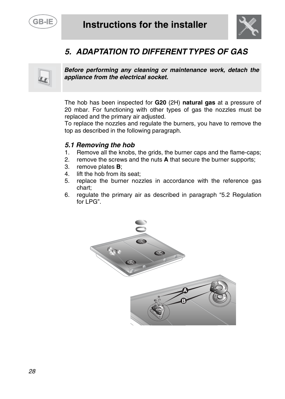 Adaptation to different types of gas, 1 removing the hob, Instructions for the installer | Smeg SE97CXG User Manual | Page 9 / 17