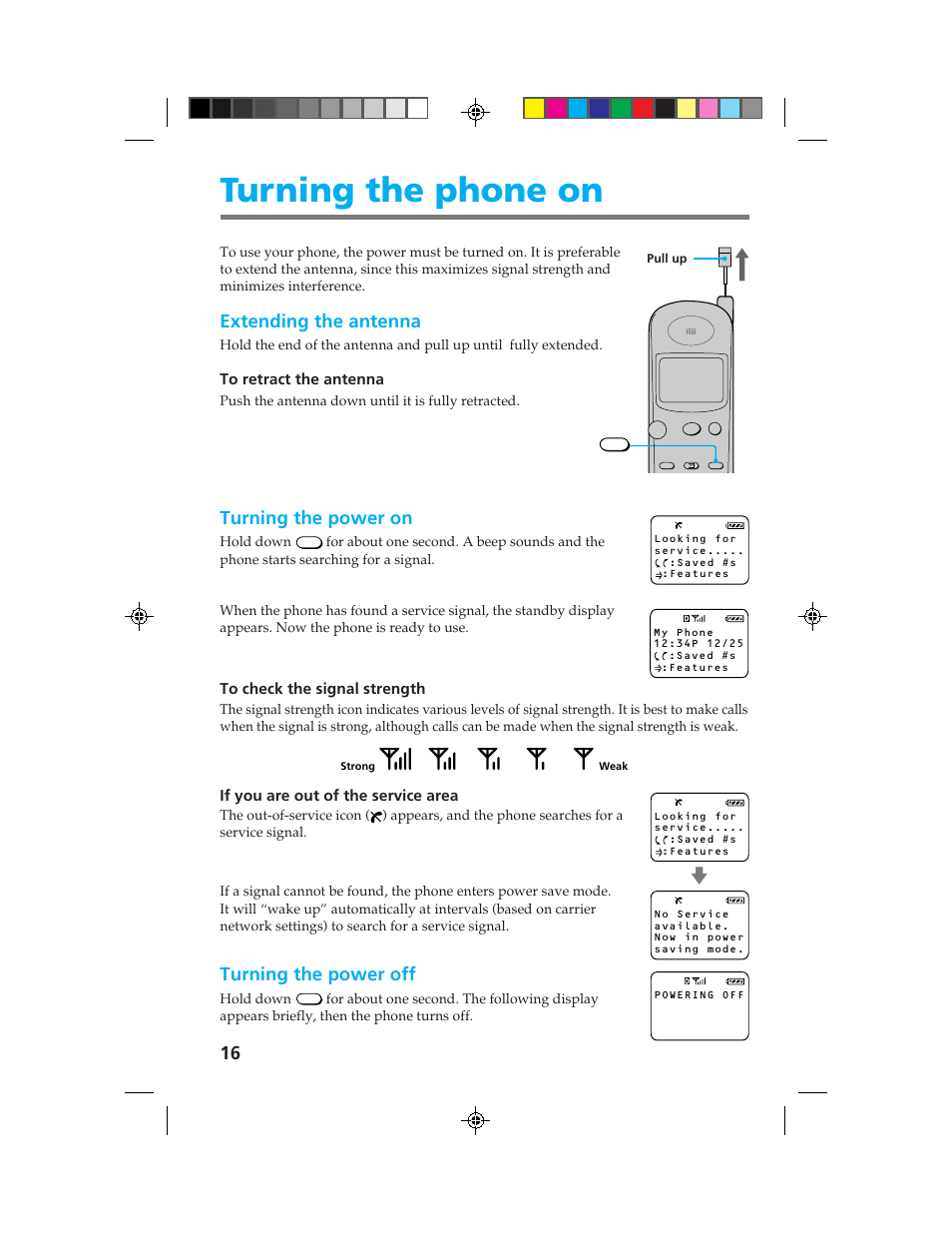 Turning the phone on, Extending the antenna, Turning the power on | Turning the power off | Sony CM-B1200 User Manual | Page 16 / 84