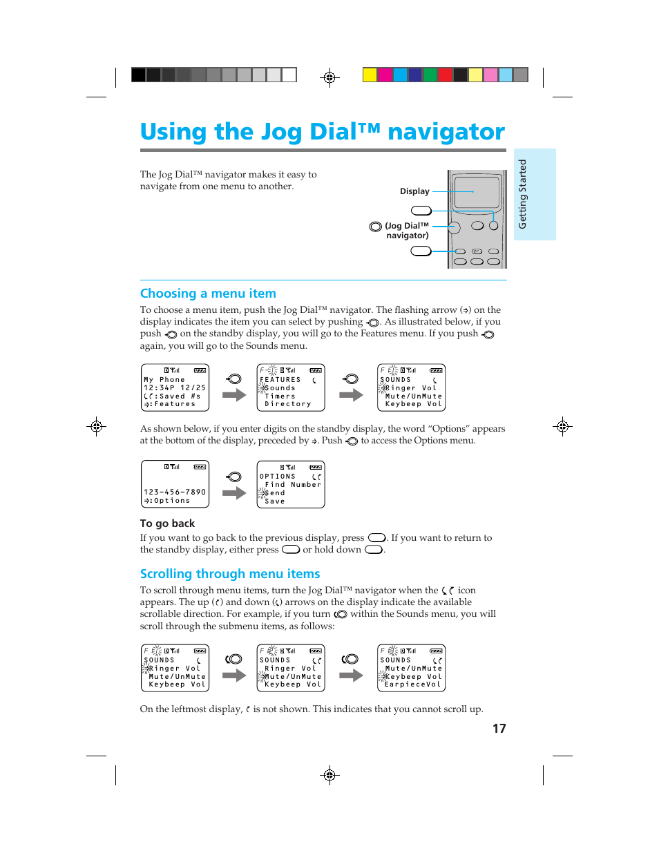 Using the jog dial™ navigator, Choosing a menu item, Scrolling through menu items | Sony CM-B1200 User Manual | Page 17 / 84