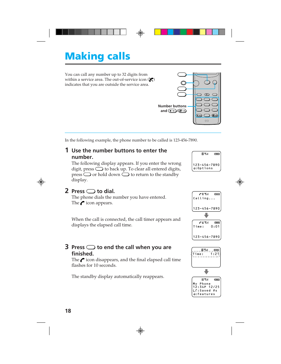 Making calls, Use the number buttons to enter the number, Press | Or hold down | Sony CM-B1200 User Manual | Page 18 / 84