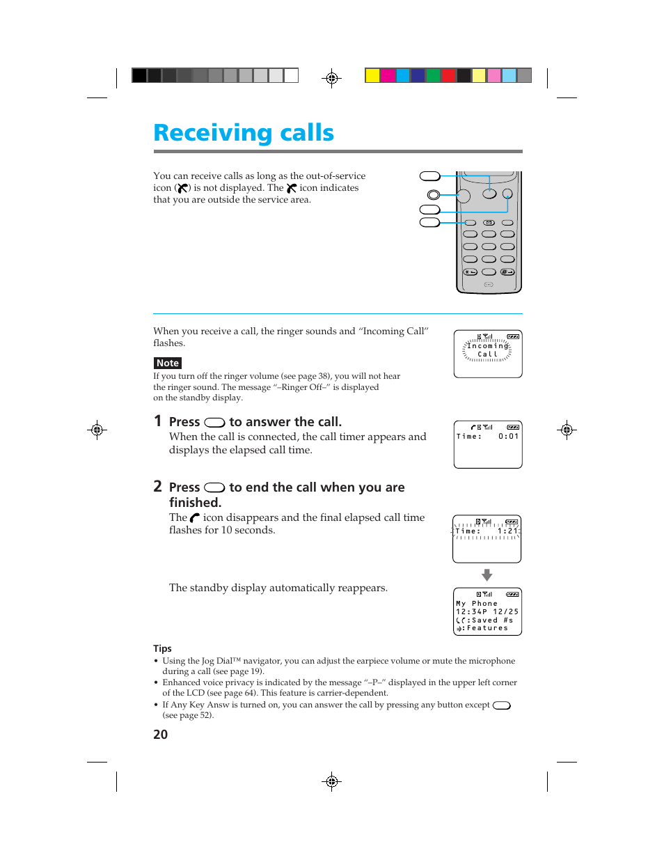 Receiving calls, Press | Sony CM-B1200 User Manual | Page 20 / 84