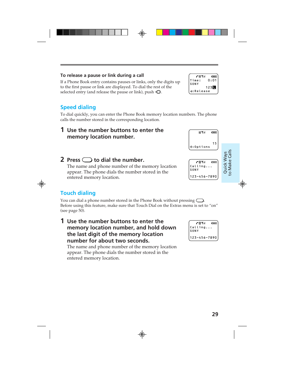 Speed dialing, Press, Touch dialing | Sony CM-B1200 User Manual | Page 29 / 84