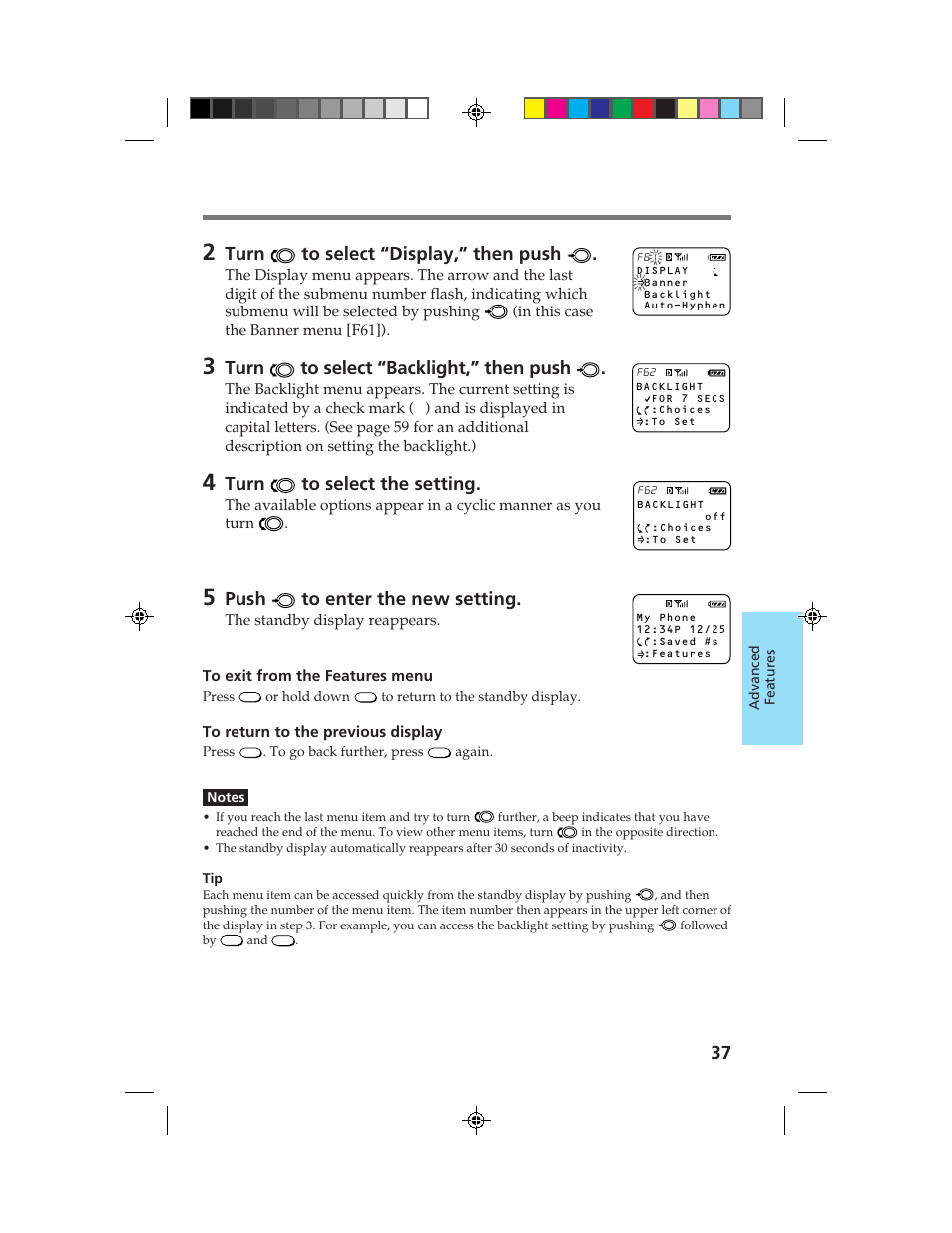 Turn to select “display,” then push, Turn to select “backlight,” then push, Turn to select the setting | Push to enter the new setting | Sony CM-B1200 User Manual | Page 37 / 84