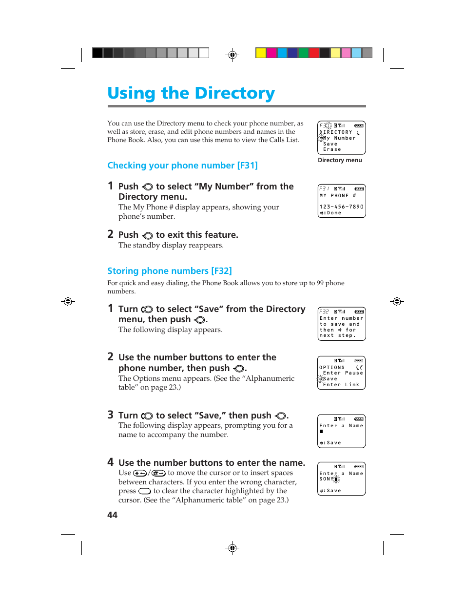 Using the directory | Sony CM-B1200 User Manual | Page 44 / 84