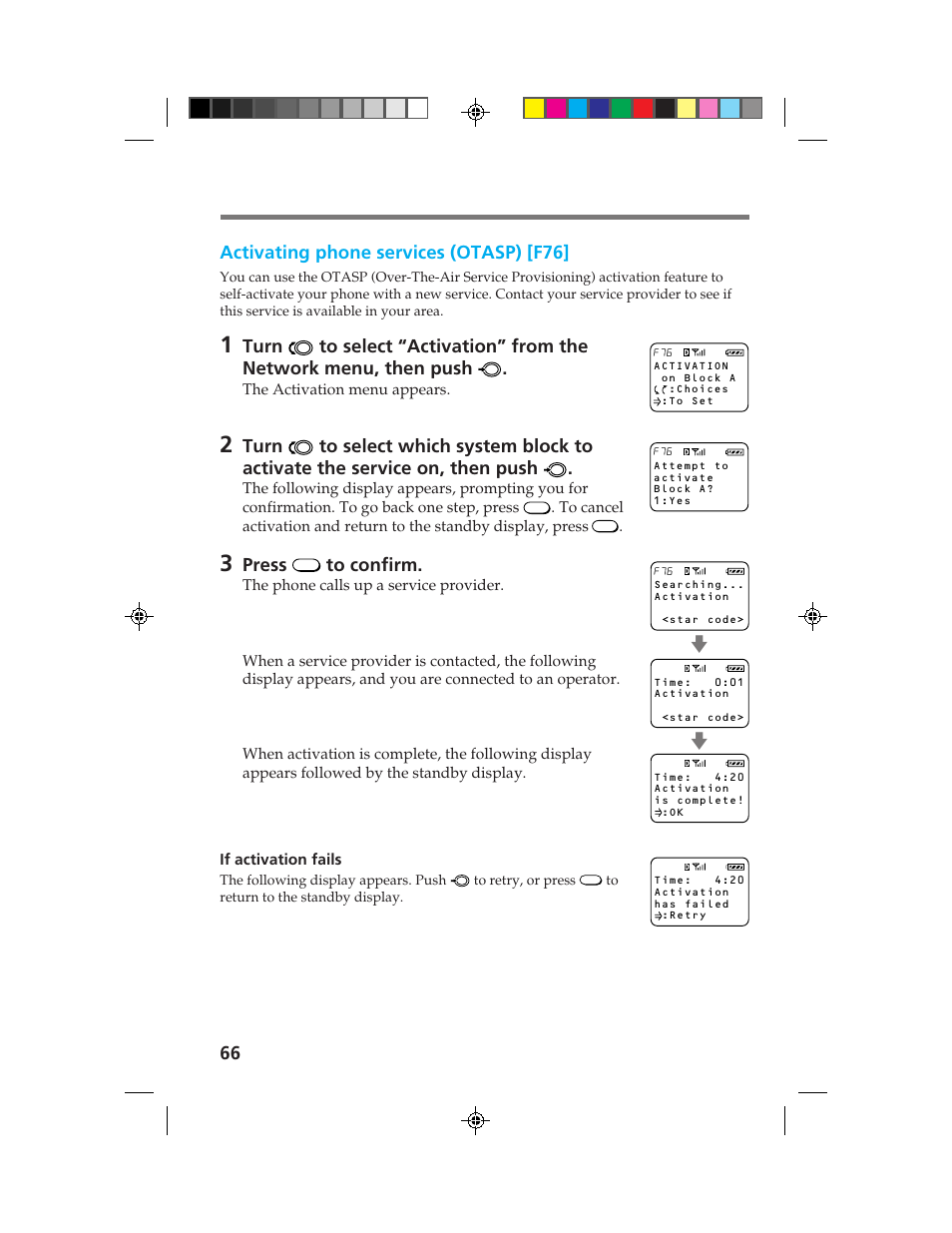 66 activating phone services (otasp) [f76, Press | Sony CM-B1200 User Manual | Page 66 / 84