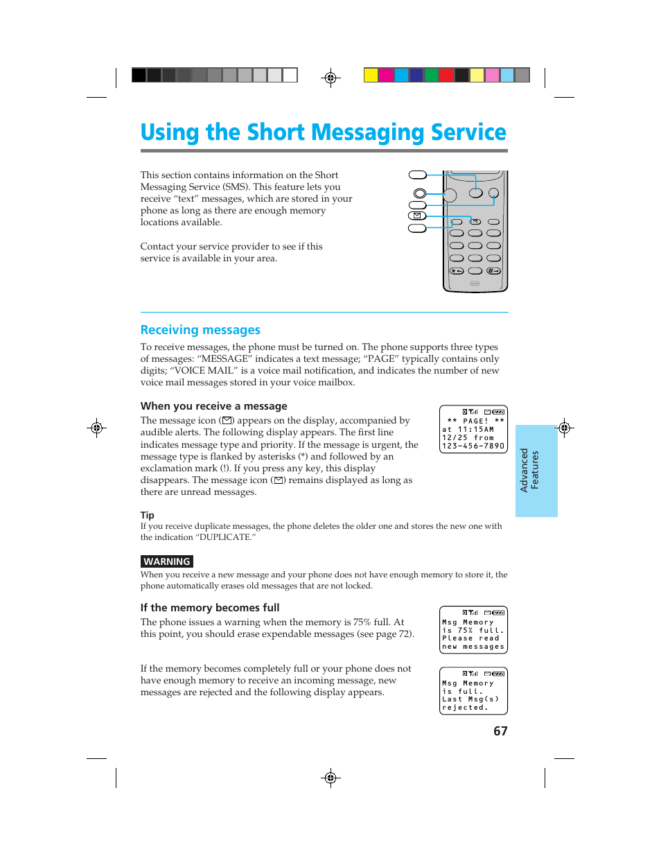 Using the short messaging service, Receiving messages, When you receive a message | Warning | Sony CM-B1200 User Manual | Page 67 / 84