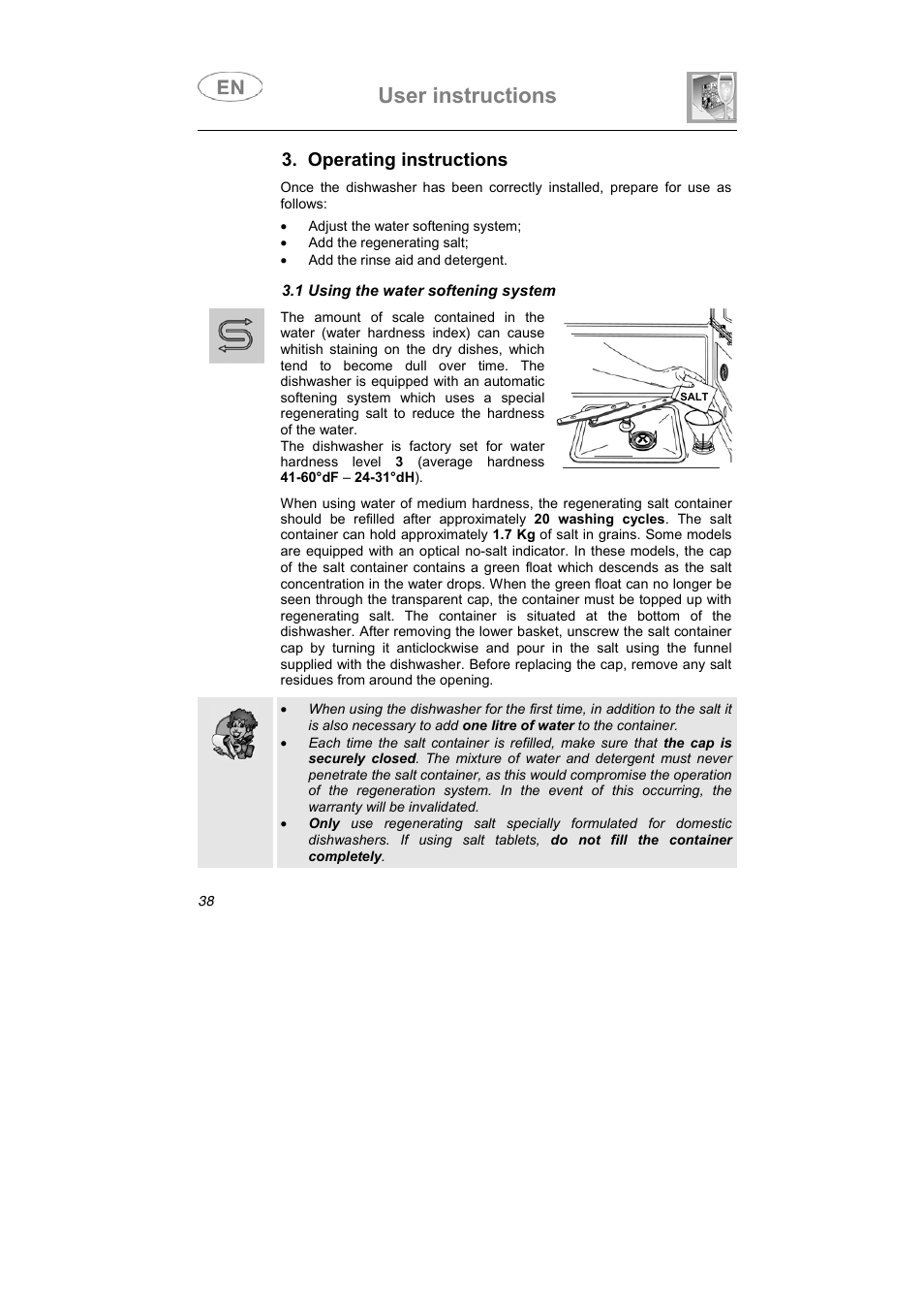 User instructions, Operating instructions | Smeg LSA6051B User Manual | Page 19 / 35
