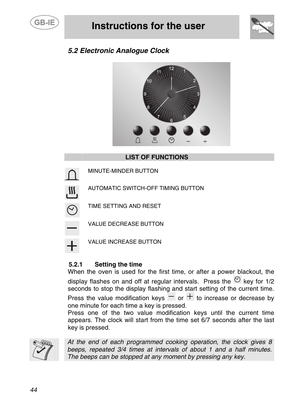 1 setting the time, Instructions for the user, 2 electronic analogue clock | Smeg A42-6 User Manual | Page 12 / 29