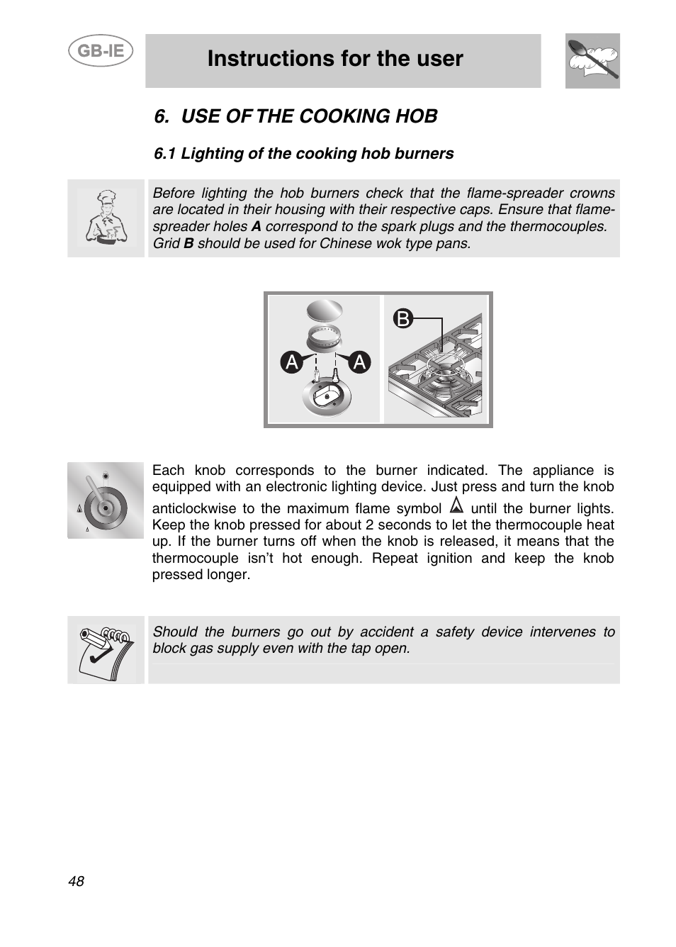 Use of the cooking hob, 1 lighting of the cooking hob burners, Instructions for the user | Smeg A42-6 User Manual | Page 16 / 29
