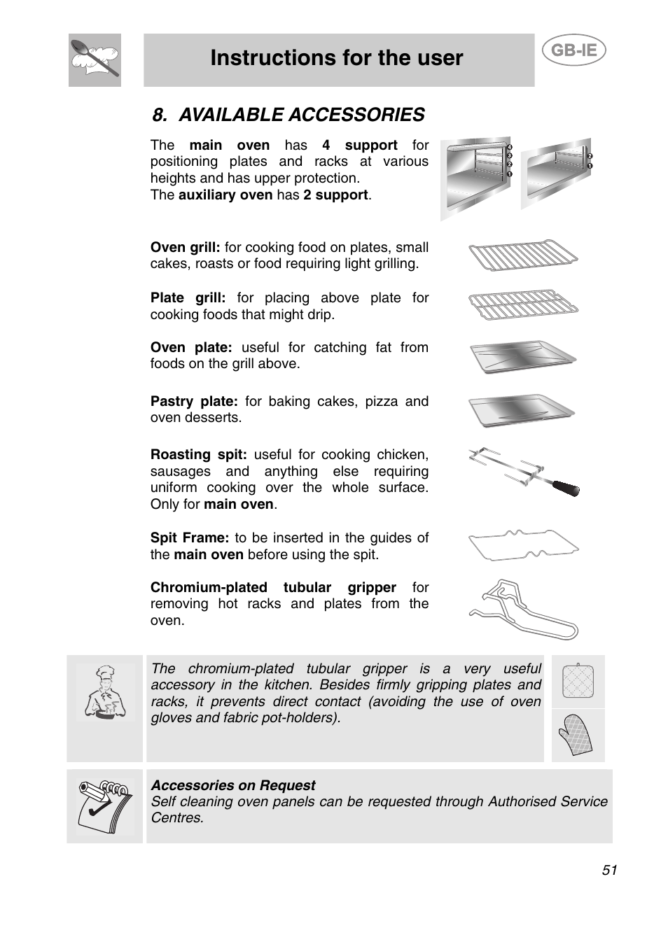 Available accessories, Instructions for the user | Smeg A42-6 User Manual | Page 19 / 29