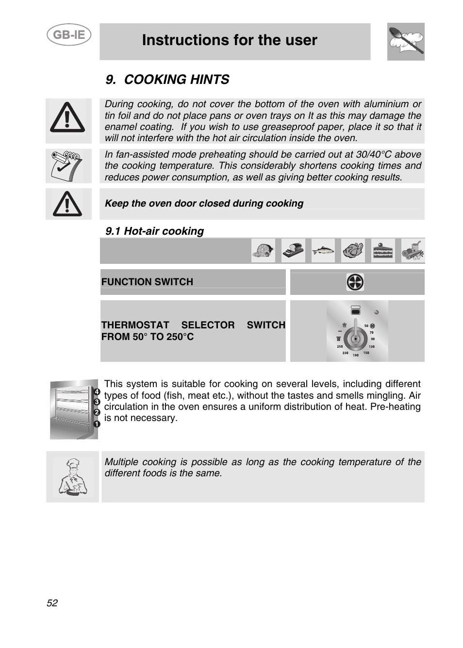 Cooking hints, 1 hot-air cooking, Instructions for the user | Smeg A42-6 User Manual | Page 20 / 29