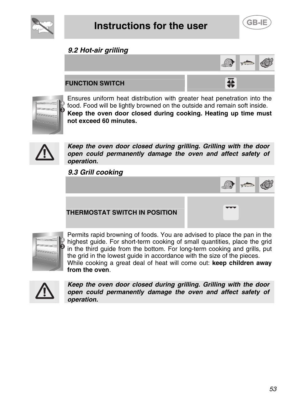 2 hot-air grilling, Grill cooking, Instructions for the user | 3 grill cooking | Smeg A42-6 User Manual | Page 21 / 29