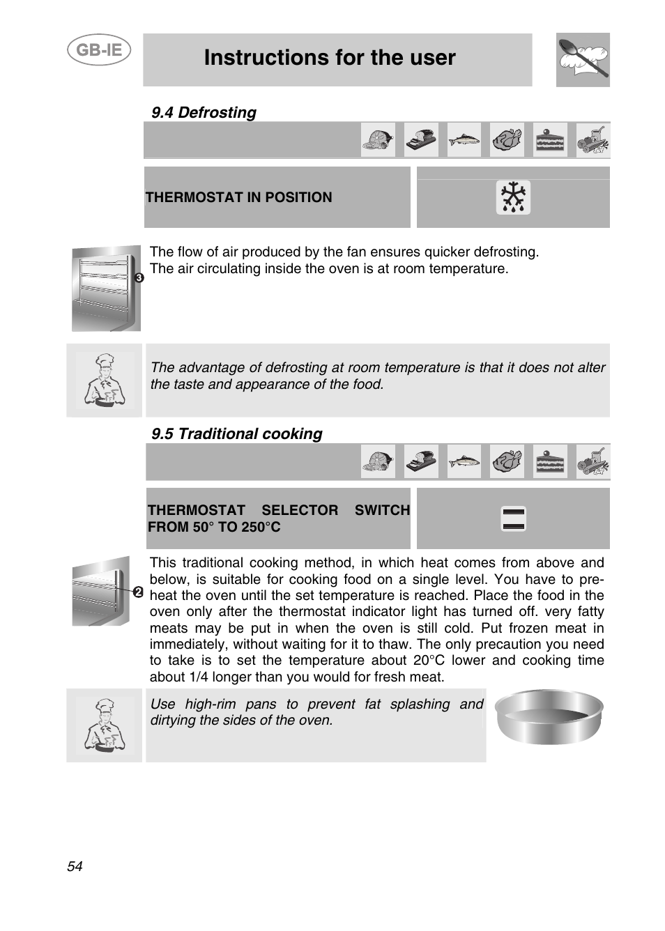 Defrosting, Traditional cooking, Instructions for the user | 4 defrosting, 5 traditional cooking | Smeg A42-6 User Manual | Page 22 / 29