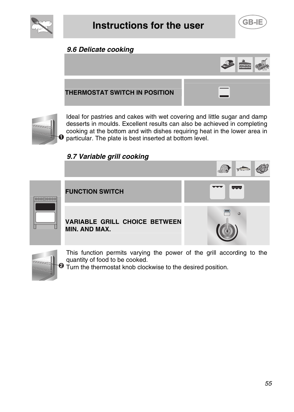 Delicate cooking, 7 variable grill cooking, Instructions for the user | 6 delicate cooking | Smeg A42-6 User Manual | Page 23 / 29