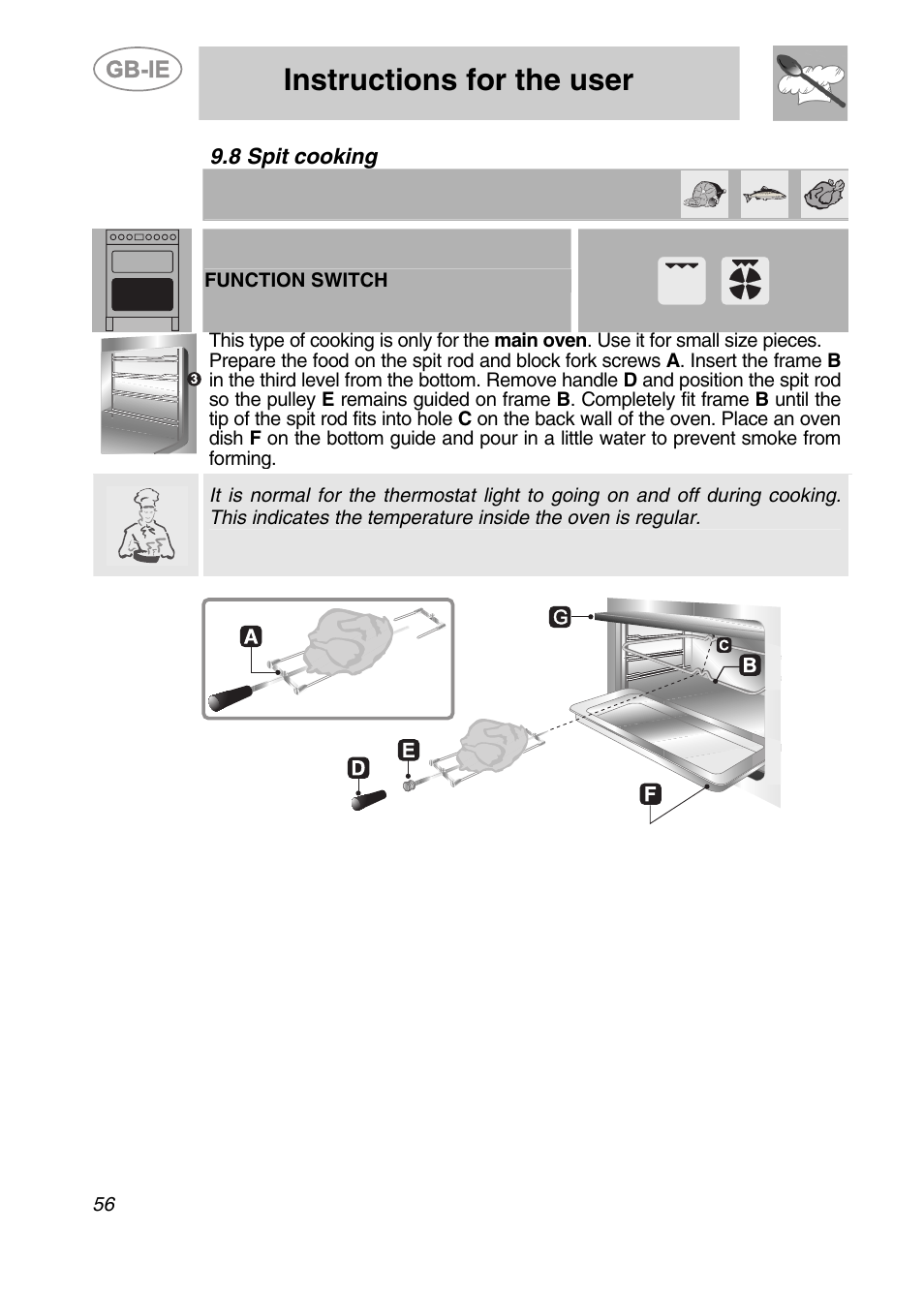 Spit cooking, Instructions for the user, 8 spit cooking | Smeg A42-6 User Manual | Page 24 / 29