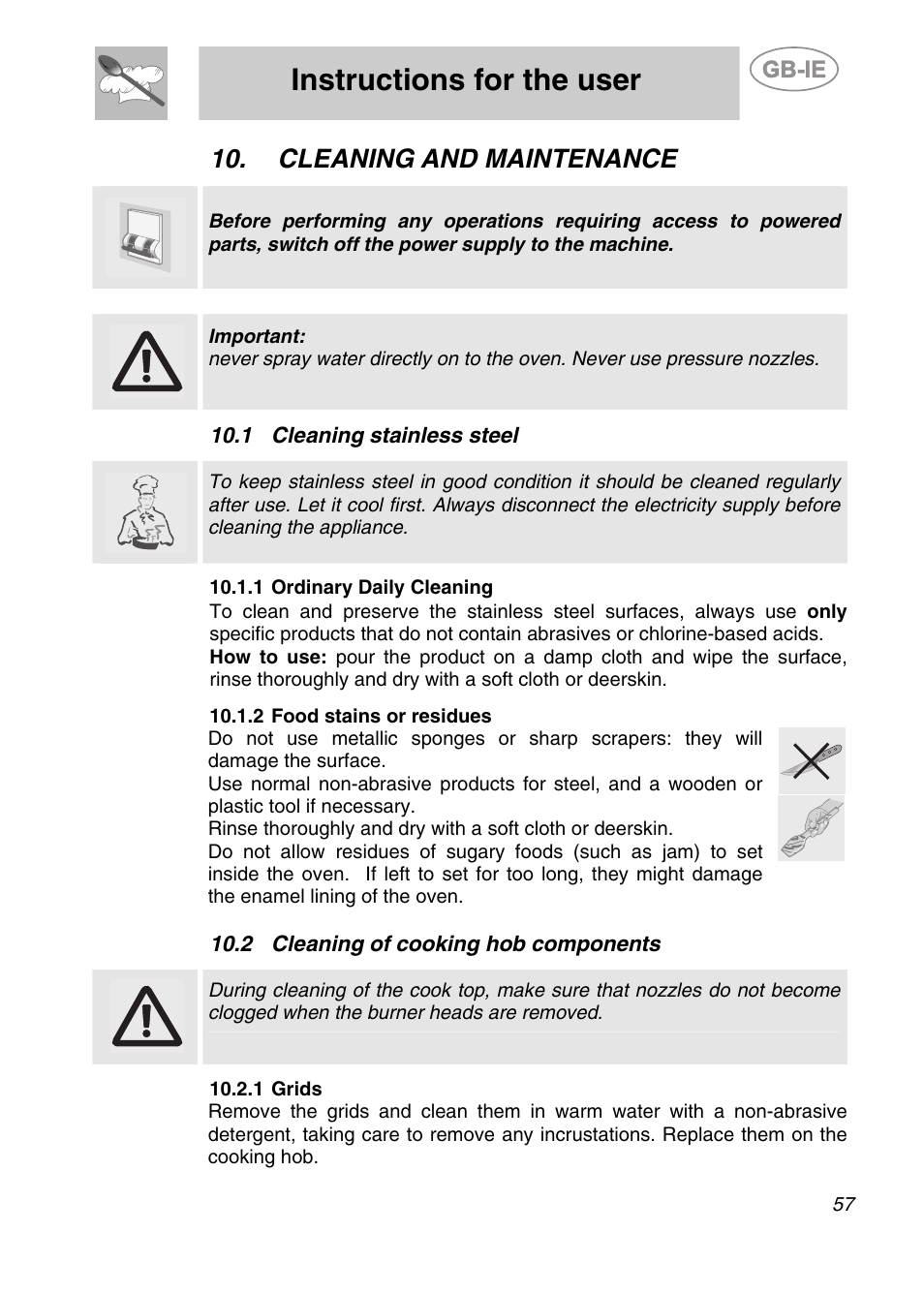Cleaning and maintenance, 1 cleaning stainless steel, 1 ordinary daily cleaning | 2 food stains or residues, 2 cleaning of cooking hob components, 1 grids, Instructions for the user | Smeg A42-6 User Manual | Page 25 / 29