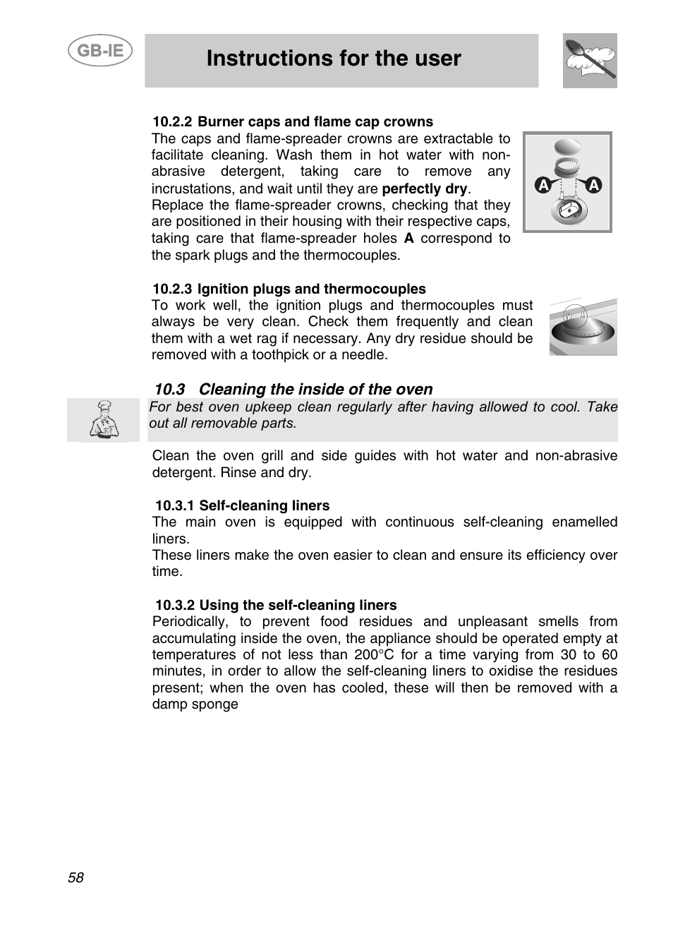 2 burner caps and flame cap crowns, 3 ignition plugs and thermocouples, 3 cleaning the inside of the oven | 1 self-cleaning liners, 2 using the self-cleaning liners, Instructions for the user | Smeg A42-6 User Manual | Page 26 / 29