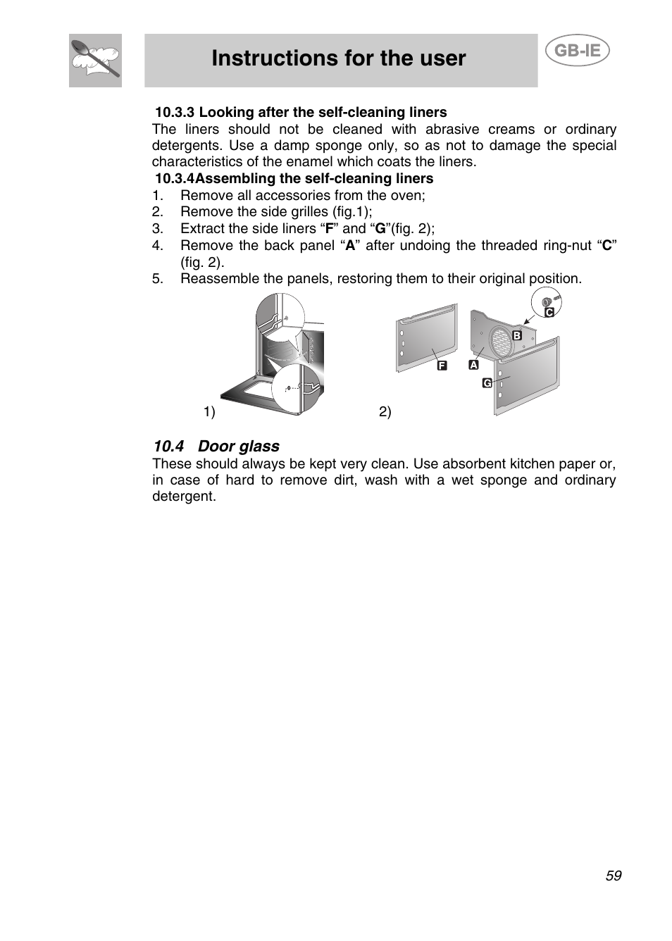 Looking after the self-cleaning liners, 4 assembling the self-cleaning liners, 4 door glass | Instructions for the user | Smeg A42-6 User Manual | Page 27 / 29