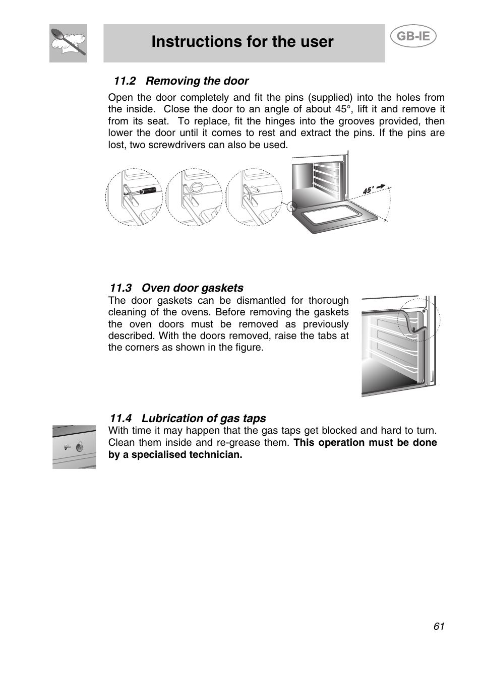 Removing the door, 3 oven door gaskets, 4 lubrication of gas taps | Instructions for the user | Smeg A42-6 User Manual | Page 29 / 29