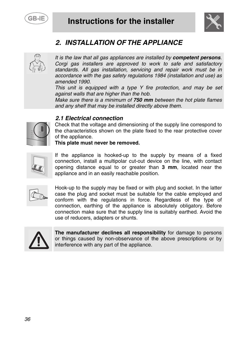 Installation of the appliance, 1 electrical connection, Instructions for the installer | Smeg A42-6 User Manual | Page 4 / 29