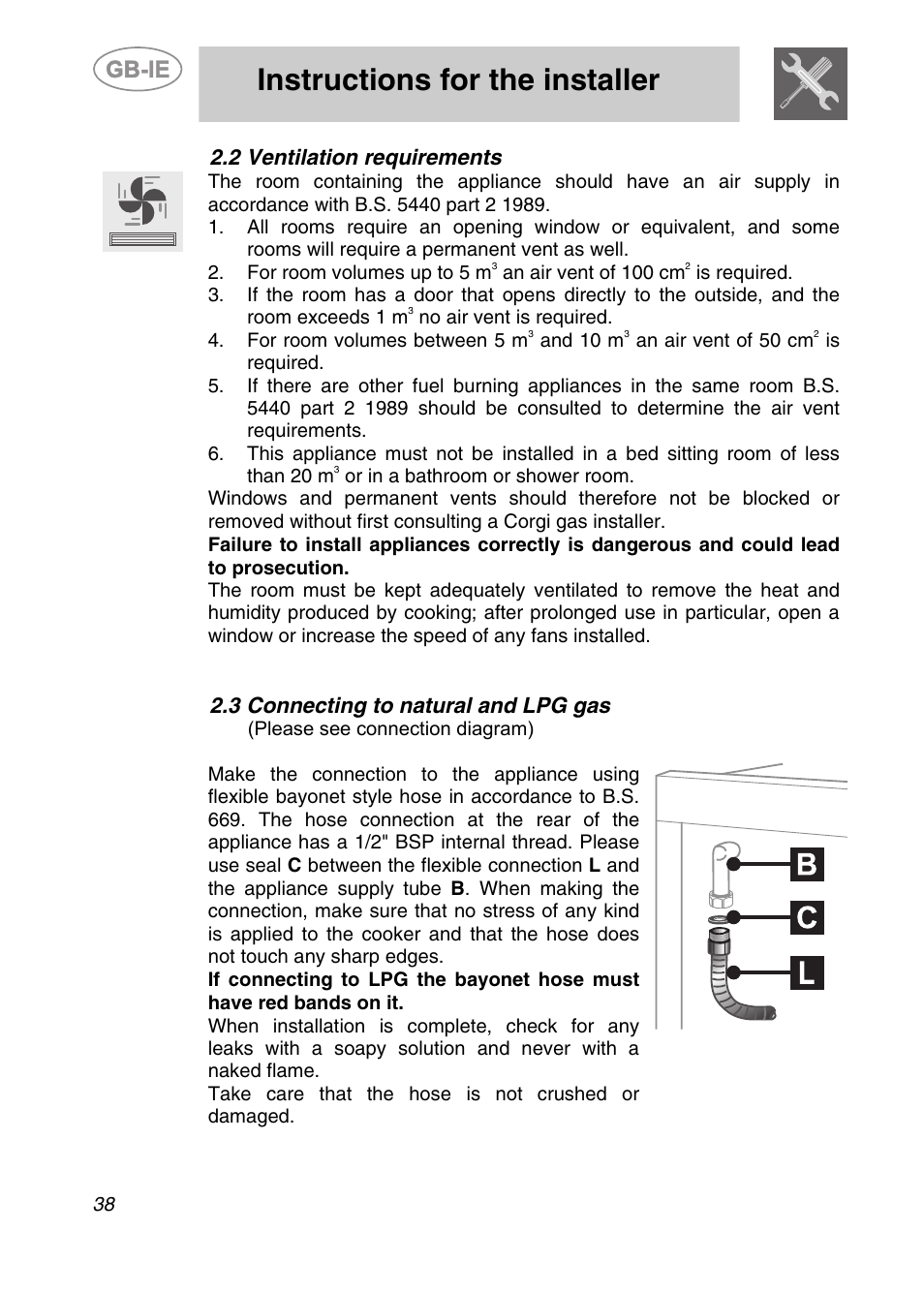2 ventilation requirements, 3 connecting to natural and lpg gas, Instructions for the installer | Smeg A42-6 User Manual | Page 6 / 29