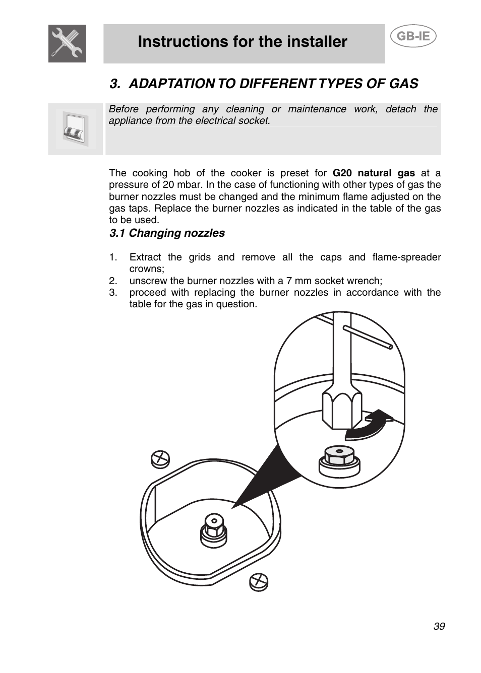 Adaptation to different types of gas, 1 changing nozzles, Instructions for the installer | Smeg A42-6 User Manual | Page 7 / 29