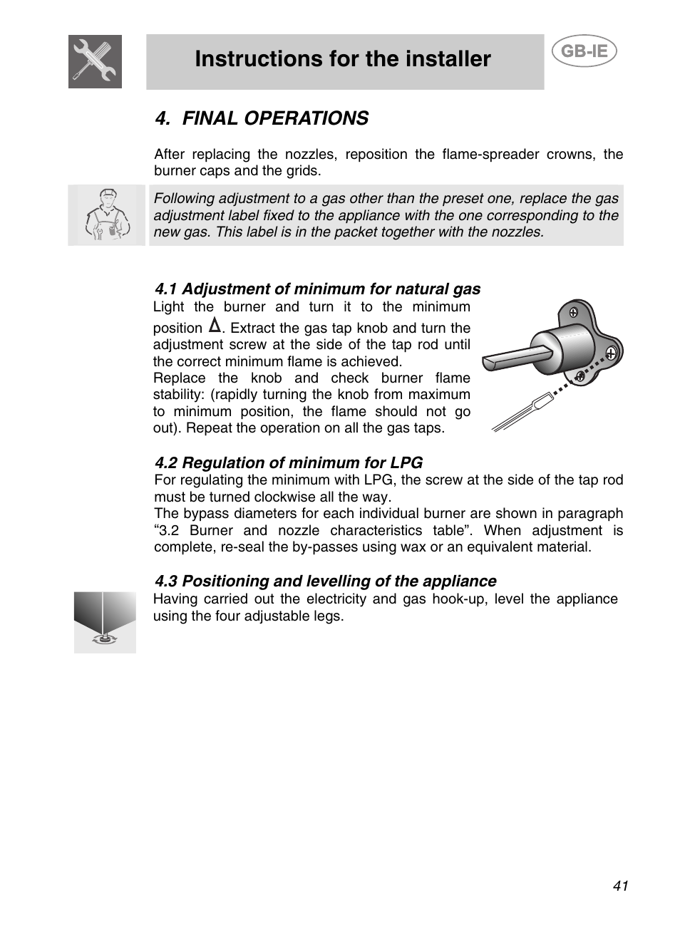 Final operations, 1 adjustment of minimum for natural gas, 2 regulation of minimum for lpg | 3 positioning and levelling of the appliance, Instructions for the installer | Smeg A42-6 User Manual | Page 9 / 29