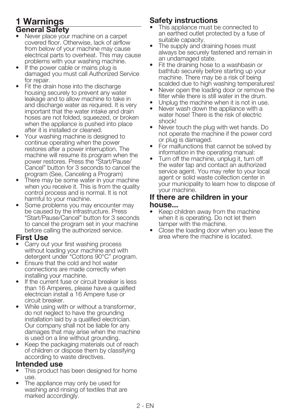 1 warnings, General safety, First use | Intended use, Safety instructions, If there are children in your house | Smeg LBS 126 User Manual | Page 2 / 12